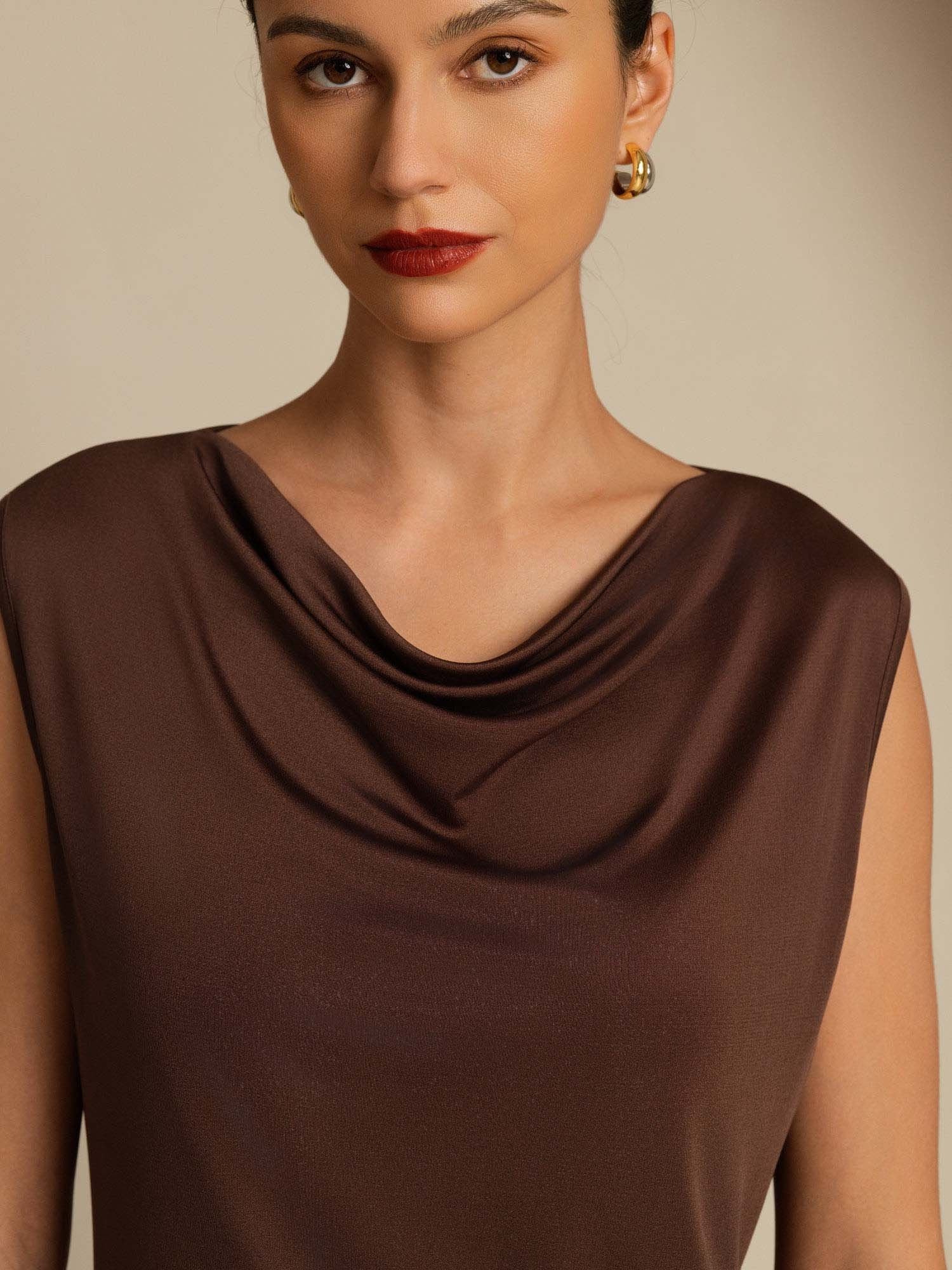 [Coffee] SilkSilky-AU 100% Silk Jersey Sleeveless Cowl Neck Women's T-Shirt 005