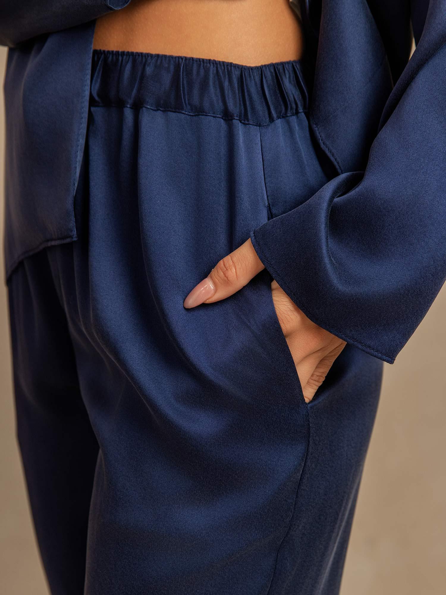 [Dark Blue] SilkSilky-AU 19Momme Machine-Washable Silk Long Sleeve Notch Collar Women's Pyjamas 005