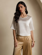 [White] SilkSilky-AU Half Sleeve Scoop Neck Women's T-Shirt 003