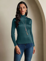 [Dark Green] SilkSilky-AU Silk Jersey Long Sleeve Turtle Neck Women's T-Shirt 005