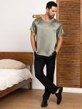 SilkSilky AU Pure Silk Short Sleeve Round Neck Men's T Shirt GrayishGreen 003