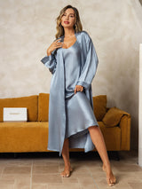[Grayish Blue] SilkSilky-AU Long Sleeve V Neck Nightgown&Dressing Gown Set 005