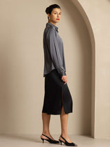 [Dark Gray] SilkSilky-AU Long Sleeve Lapel Collar Women's Shirt 009