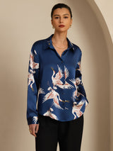 [Dark Blue] SilkSilky-AU 19Momme Long Sleeve Lapel Collar Women's Shirt 003