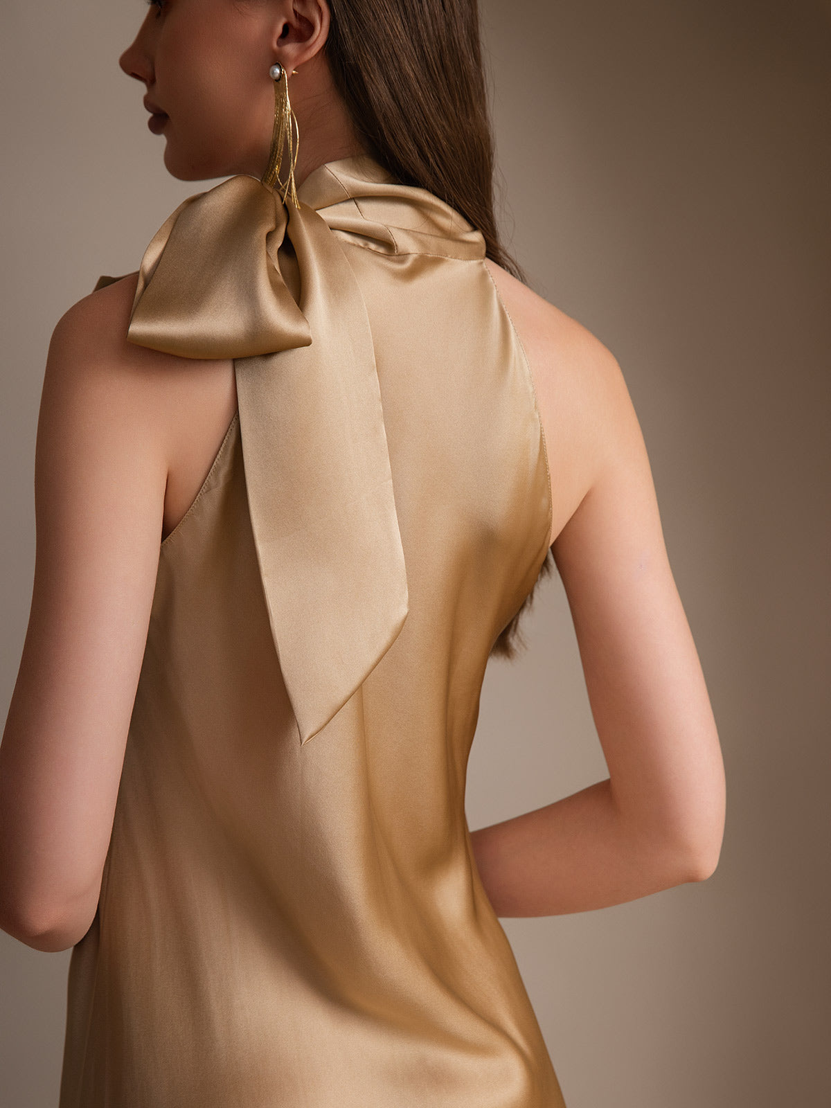 [Champagne] SilkSilky-AU 19Momme Silk Tie Neck Dress 002
