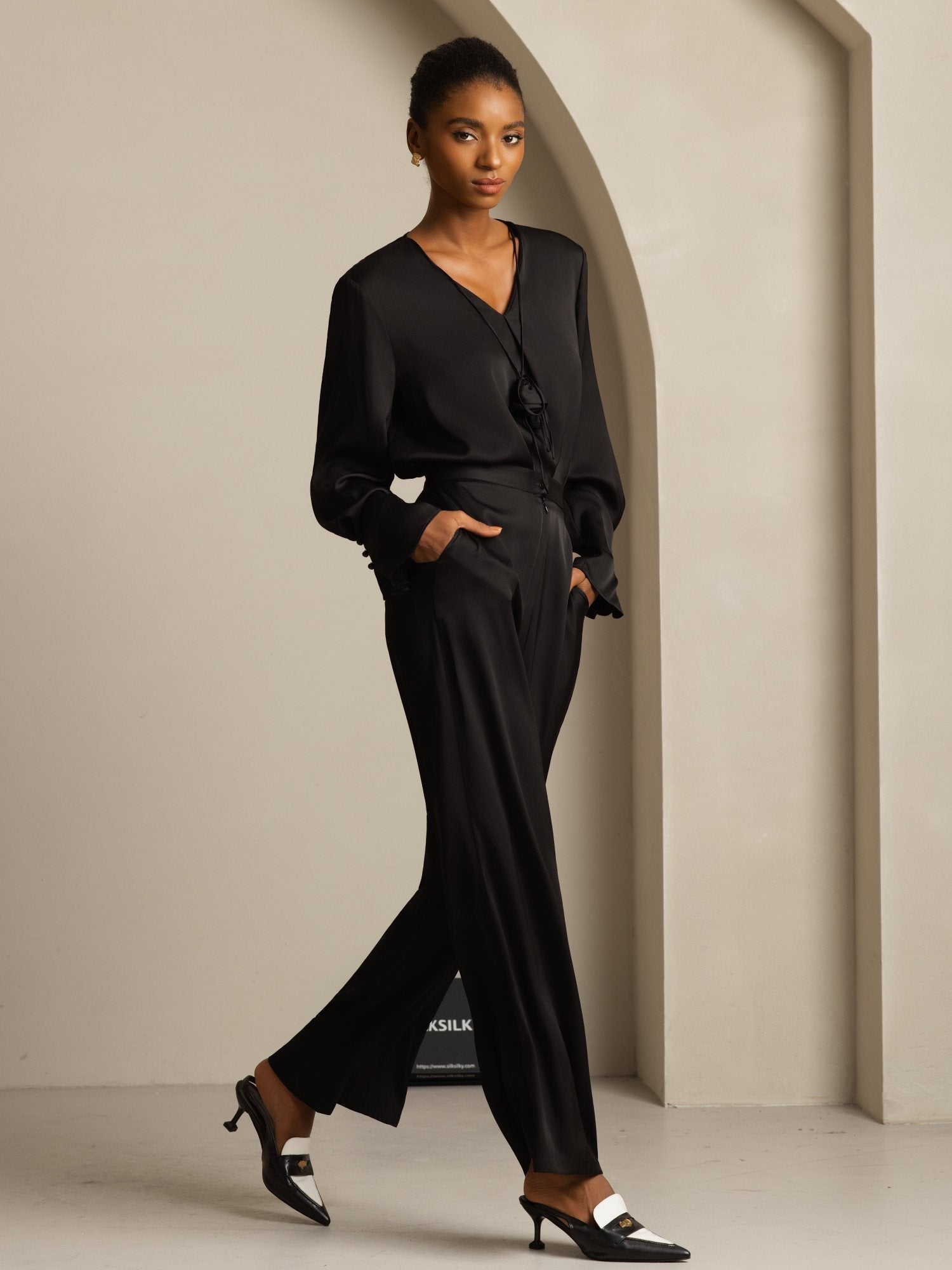 [Black] SilkSilky-AU 19Momme Stretch Silk Double Georgette Long Sleeve V Neck Blouse 008