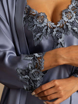 [Steel Blue] SilkSilky-AU Pure Silk 3/4 Sleeve V Neck Women's Pyjamas 004