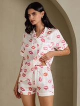 [White Lipstick] SilkSilky-AU Short Sleeve Notch Collar Women's Pyjamas 003