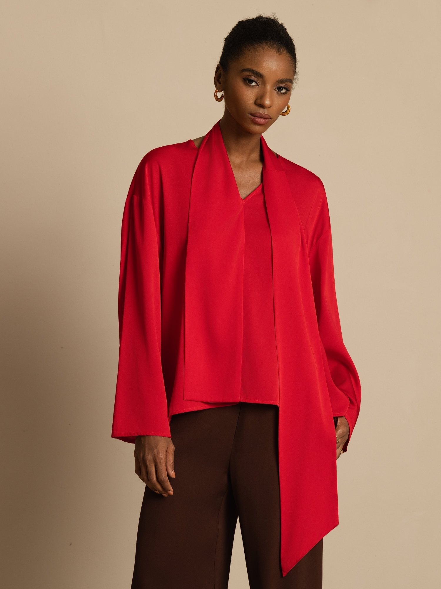 [Wine] SilkSilky-AU 19Momme Stretch Silk Double Georgette Long Sleeve V Neck Blouse 004