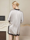 SilkSilky AU Pure Silk 3/4 Sleeve V Neck Nightgown Silver 003