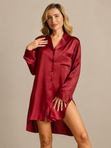 [Wine] SilkSilky-AU Long Sleeve Lapel Collar Nightshirt 003