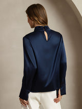 [Dark Blue] SilkSilky-AU 19Momme Silk Keyhole Neck Women's Shirt 002