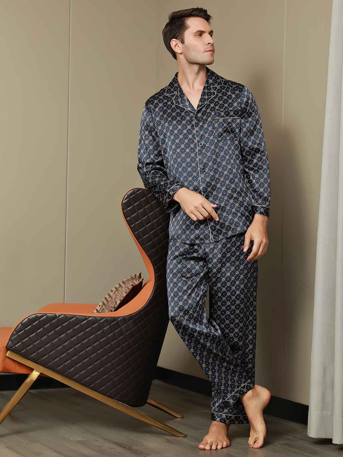 SilkSilky AU Pure Silk Long Sleeve Lapel Men's Pyjamas DarkBlue 001