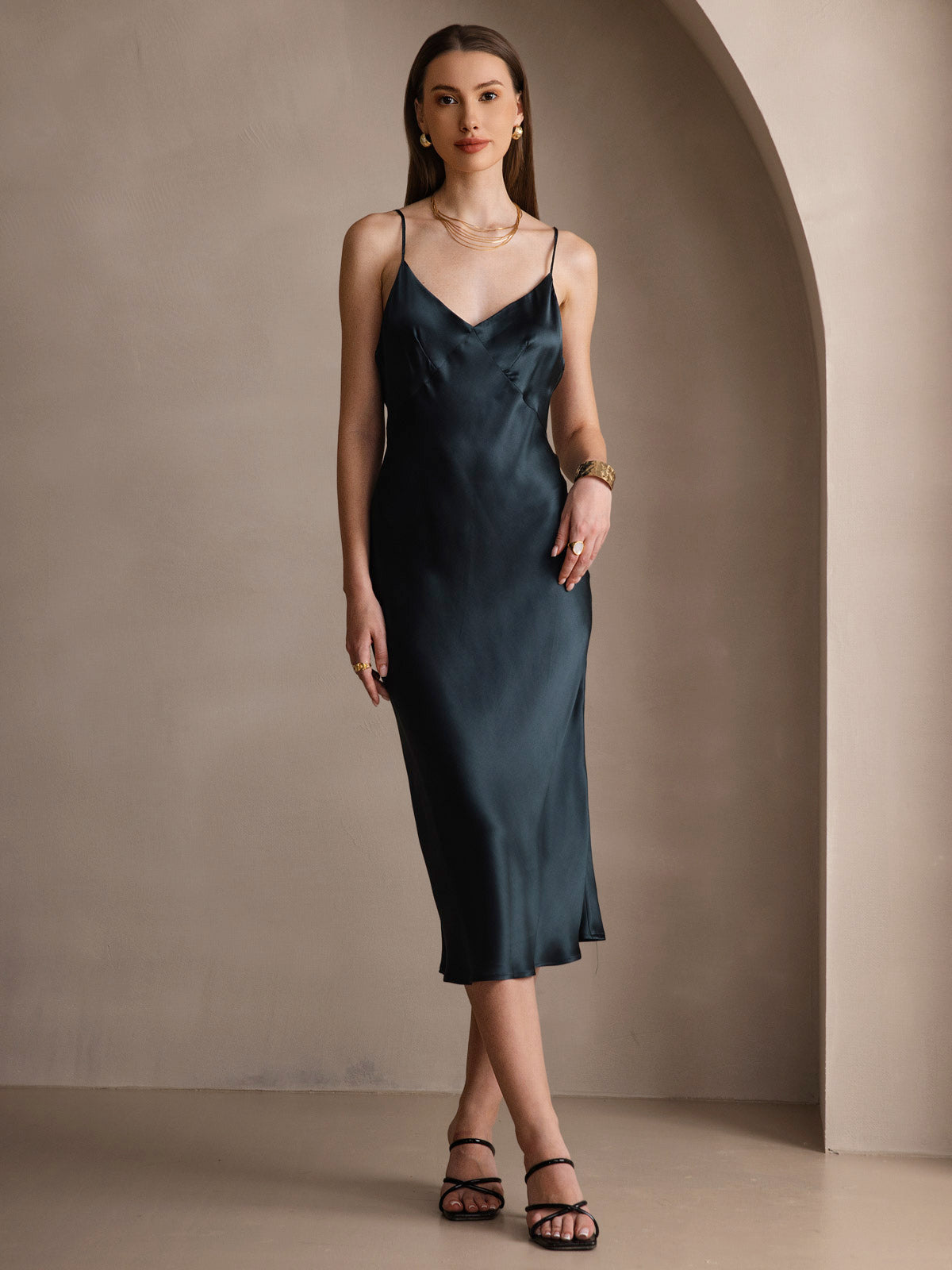 [Dark Green] SilkSilky-AU 19Momme Pure Silk V Neck Dress 001