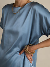 [Grayish Blue] SilkSilky-AU 19Momme Stretch Silk Charmeuse Short Sleeve Boat Neck Women's T-Shirt 008