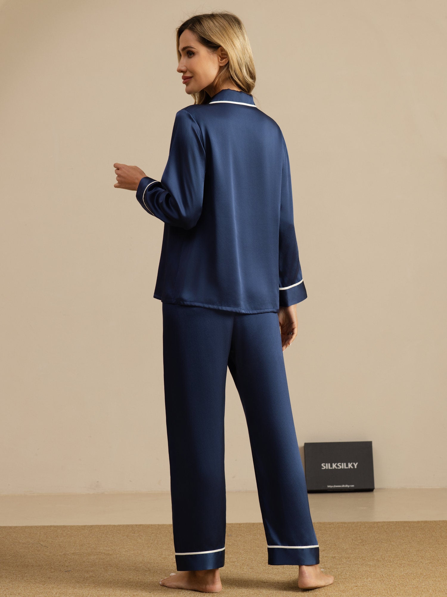 [Dark Blue] SilkSilky-AU Pure Silk Long Sleeve Lapel Collar Women's Pyjamas 002