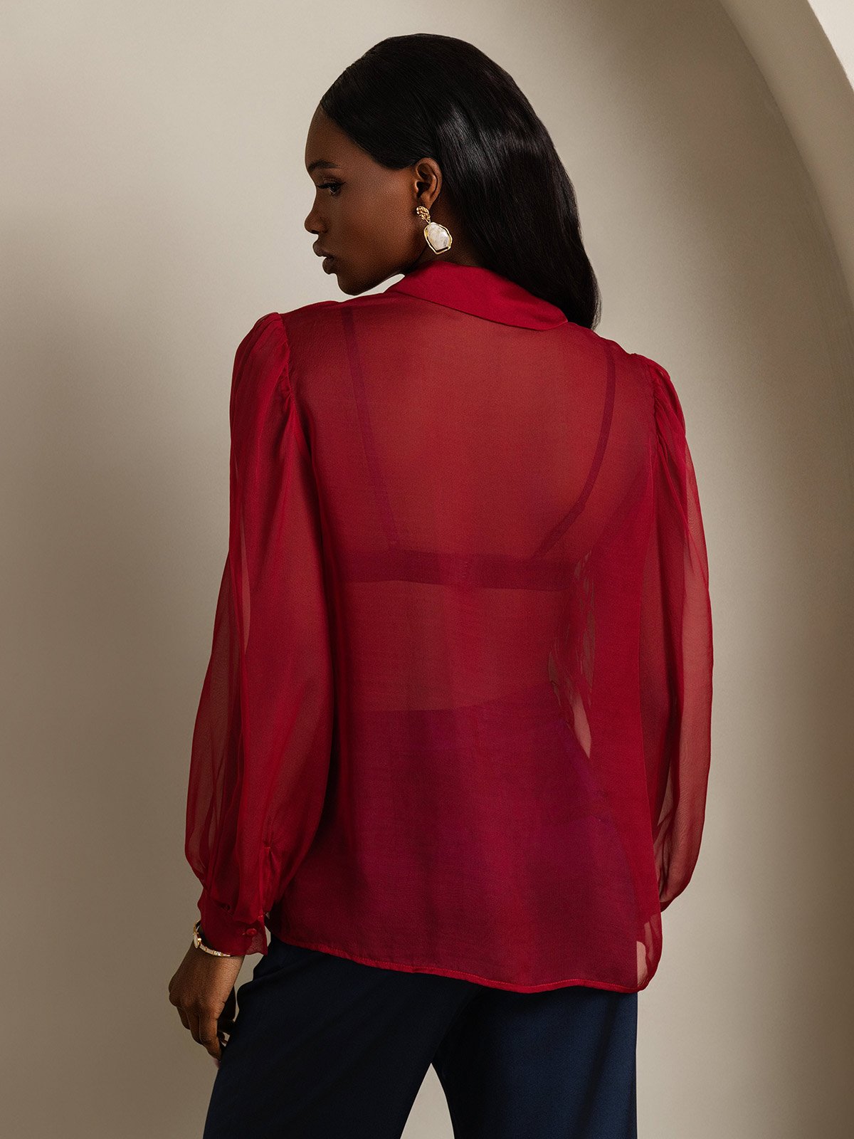 SilkSilky-AU Pure Silk Long Sleeve Tie Neck Women's Shirt Wine 002