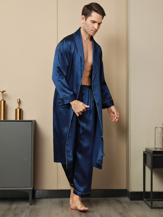 Pure Silk Contrast Piping Belted Robe & Pants Set