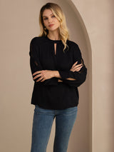 [Black] SilkSilky-AU Long Sleeve Keyhole Neck Women's Blouse 005