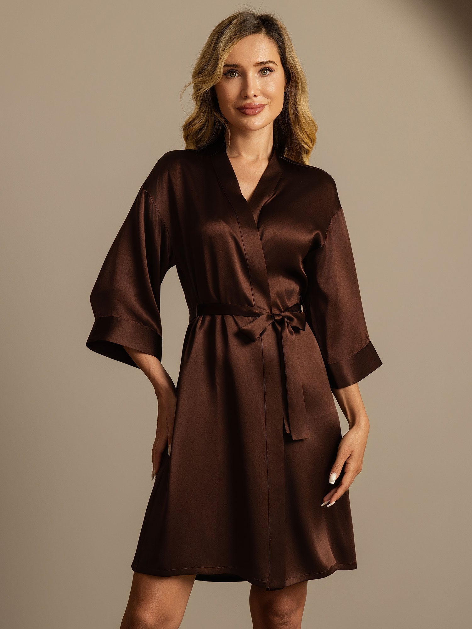 [Coffee] SilkSilky-AU Pure Silk Womens Robe 006,