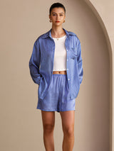 [Blue Pinstripe] SilkSilky-AU Long Sleeve Lapel Collar Women's Outfit Sets 004
