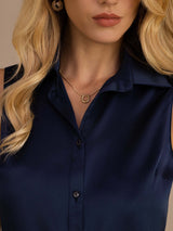 [Dark Blue] SilkSilky-AU Sleeveless Lapel Collar Women's Shirt 004
