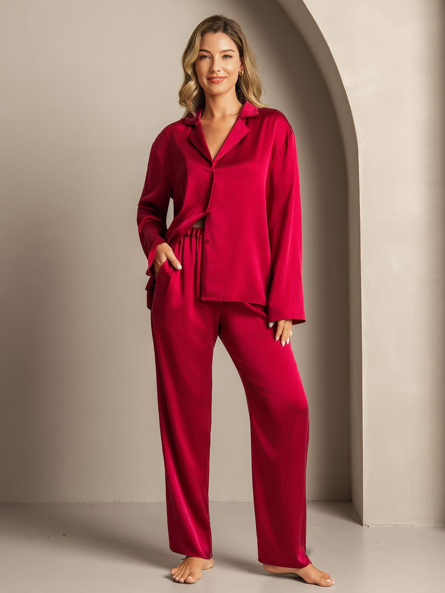 [Wine] SilkSilky-AU 19Momme Washable Silk Notched Neck Women's Pyjamas 005