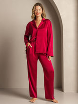 [Wine] SilkSilky-AU 19Momme Machine-Washable Silk Long Sleeve Notch Collar Women's Pyjamas 005