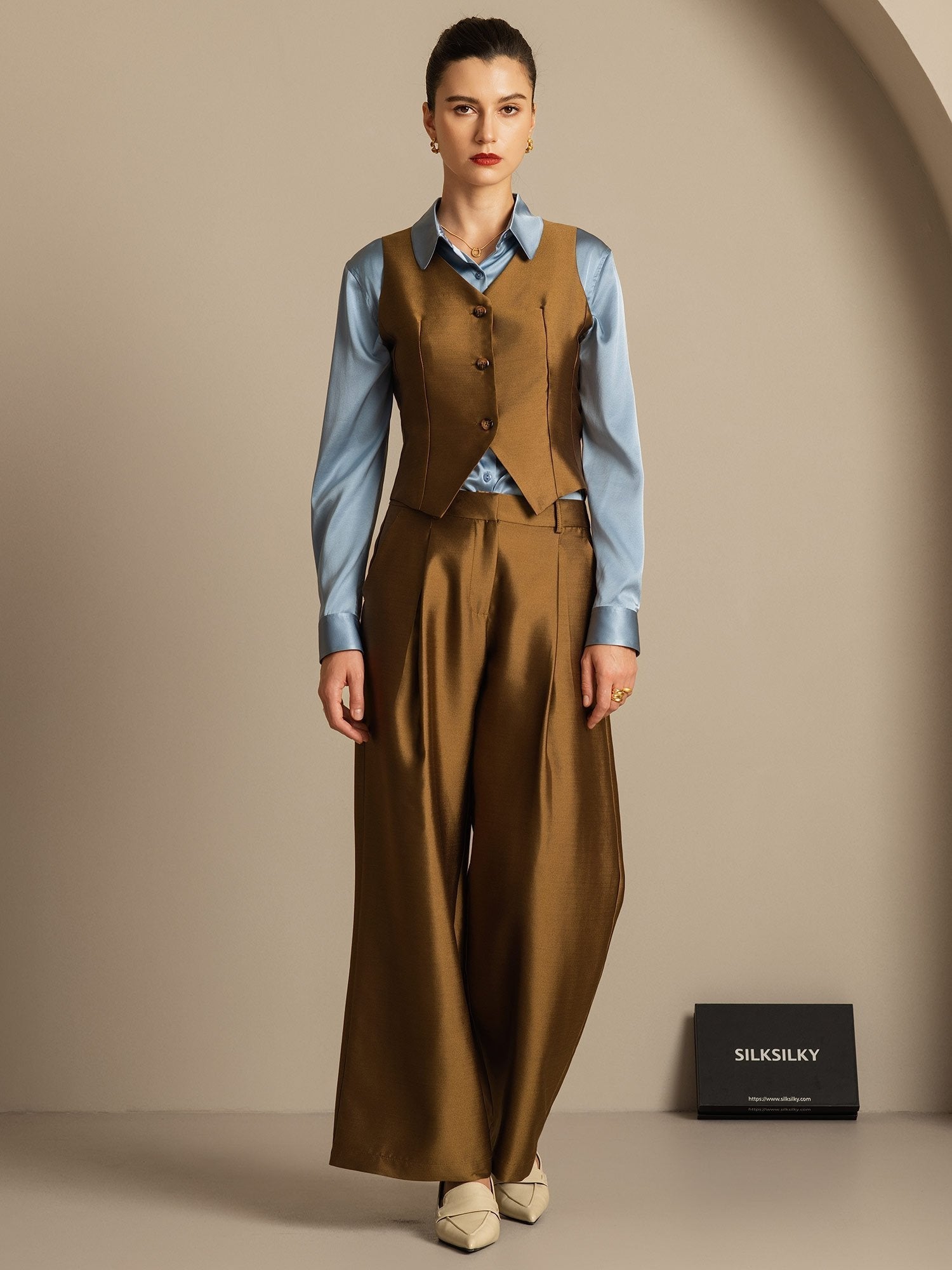 [Bronze] SilkSilky-AU 32Momme Wool V Neck Women's Vest 001,