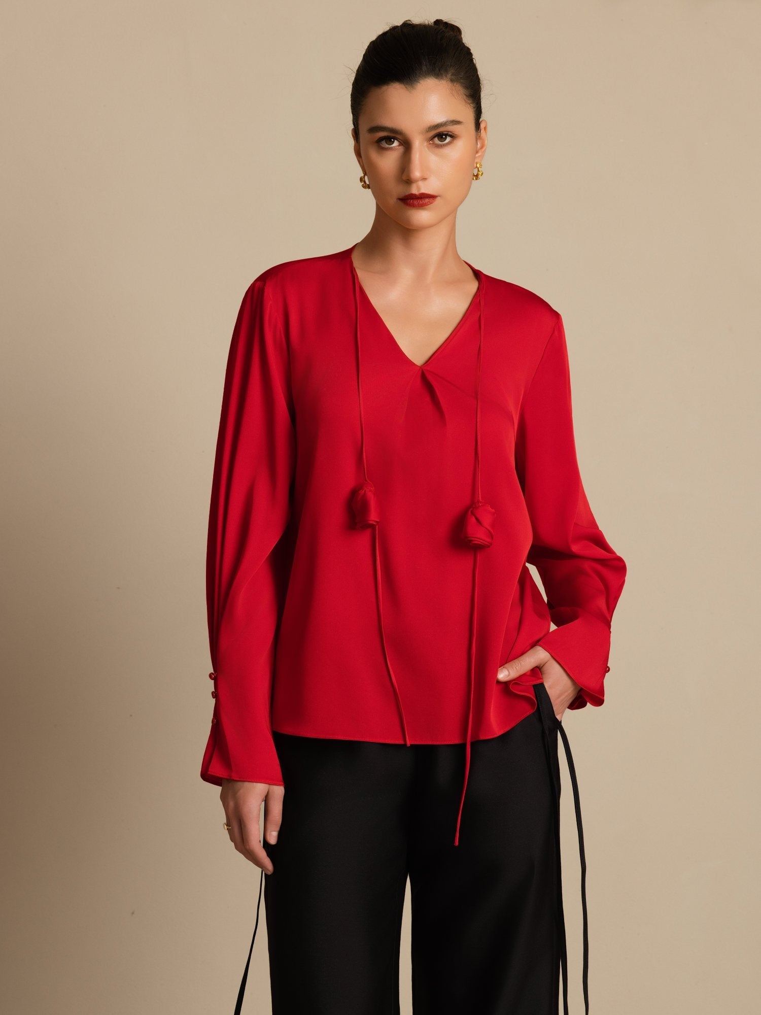 [Wine] SilkSilky-AU 19Momme Stretch Silk Double Georgette Long Sleeve V Neck Blouse 003