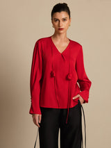 [Wine] SilkSilky-AU 19Momme Stretch Silk Double Georgette Long Sleeve V Neck Blouse 003