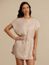 [Tan] SilkSilky-AU 18Momme Silk Satin Surah Cap Sleeve Henley Neck Dress 004