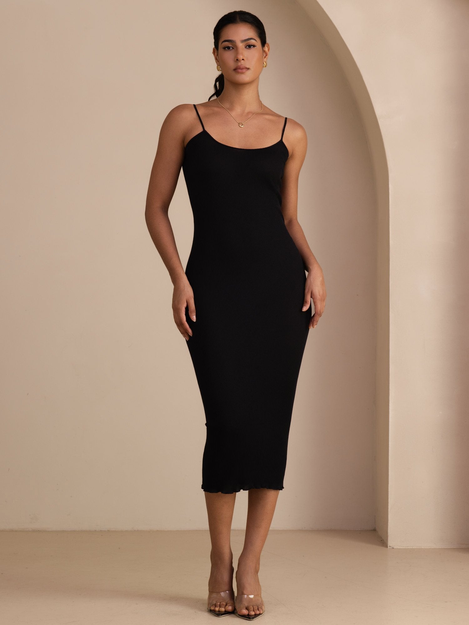 [Black] SilkSilky-AU Spaghetti Strap Square Neck Dress 001