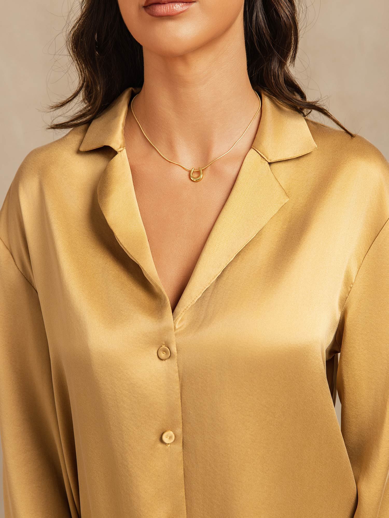 [Tan] SilkSilky-AU 19Momme Washable Silk Notched Neck Women's Pyjamas 004