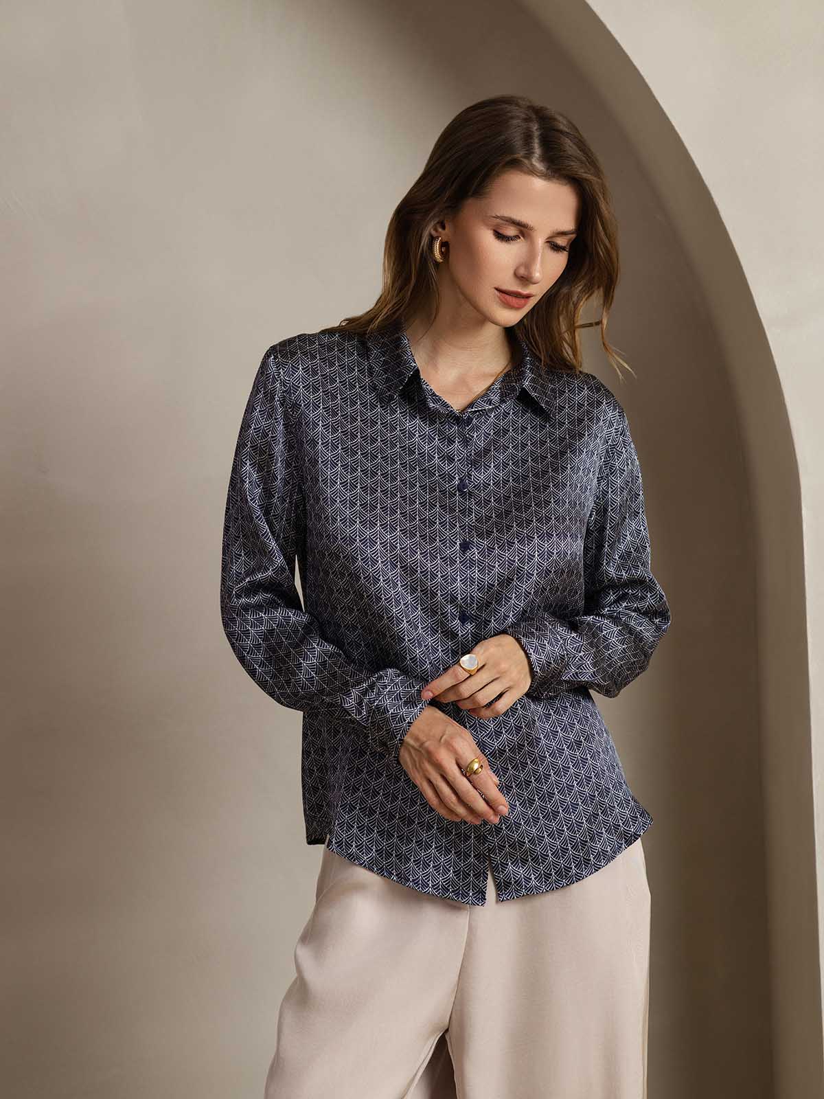 [Navy Ginkgo] SilkSilky-AU Silk Lapel Collar Women's Shirt 005