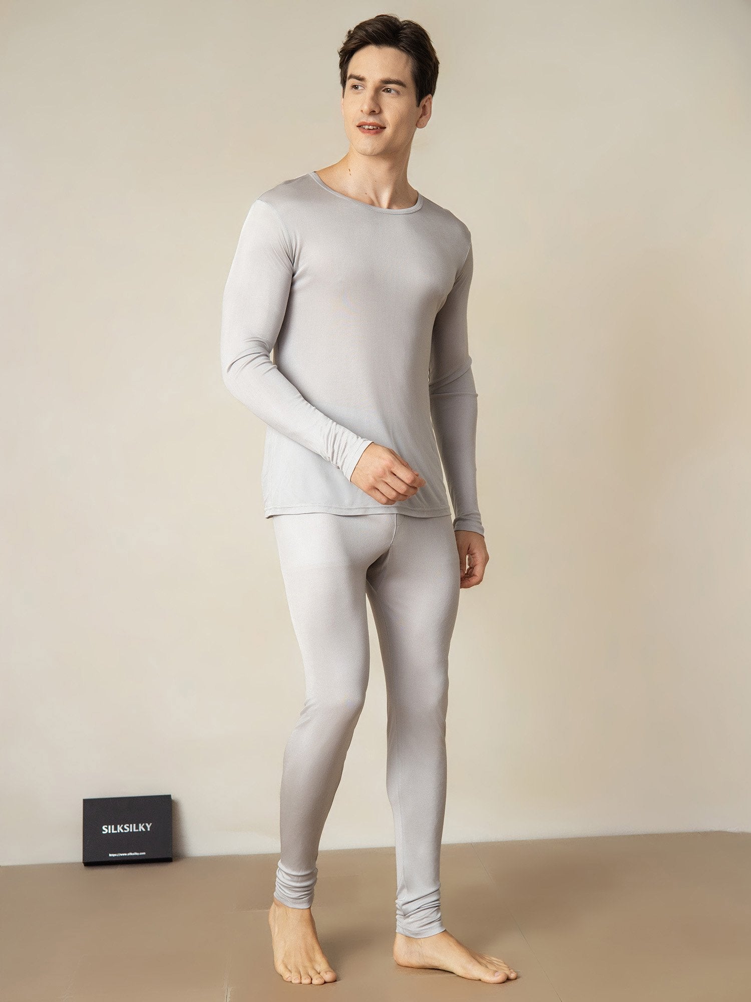 [Silver] SilkSilky-AU Silk Jersey Long Sleeve Round Neck Men's Long Johns 001