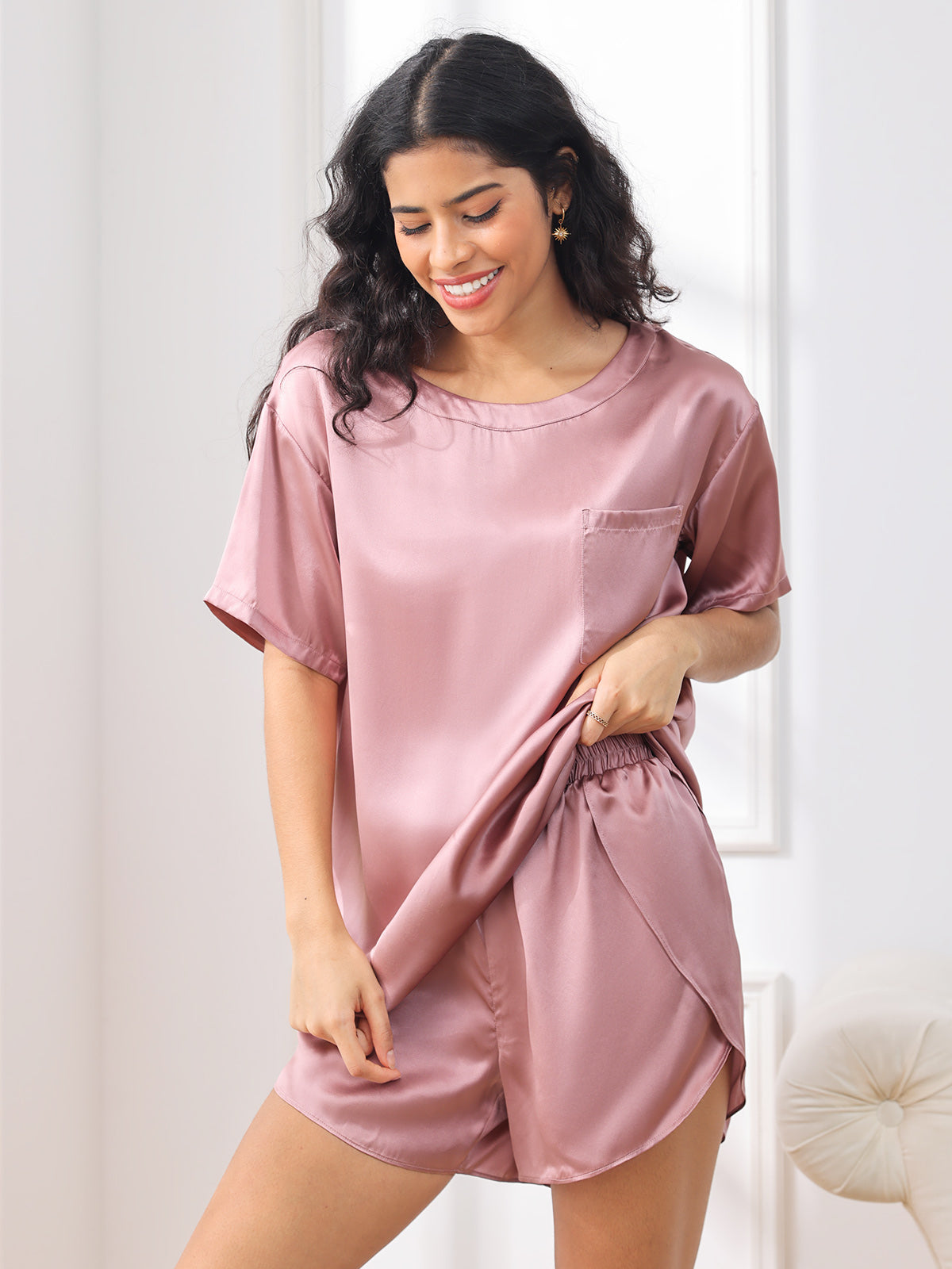 SilkSilky-AU Pure Silk Short Sleeve Round Neck Women's Pyjamas PaleMauve 001