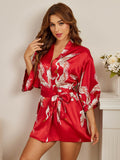 SilkSilky-AU 19Momme Pure Silk 3/4 Sleeve Deep V Neck Women's Dressing Gown DarkRed 003