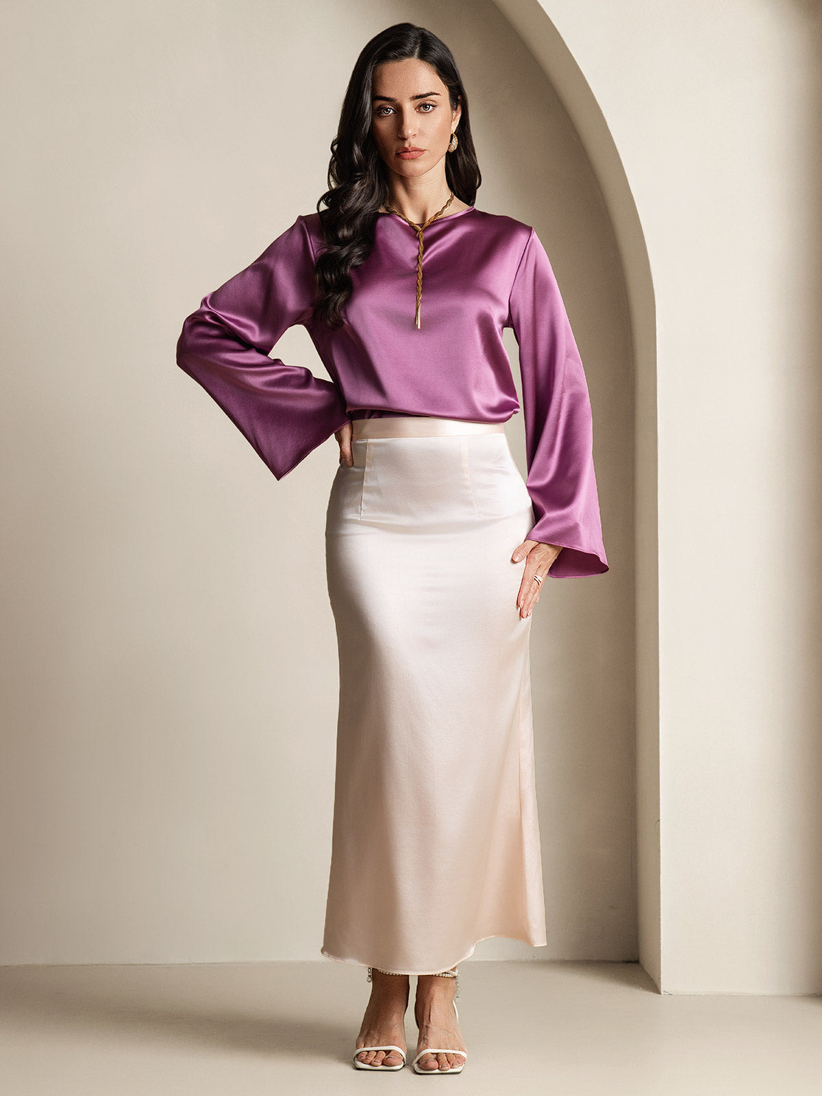[Deep Purple] SilkSilky-AU 19Momme Silk Round Neck Women's T-Shirt 008