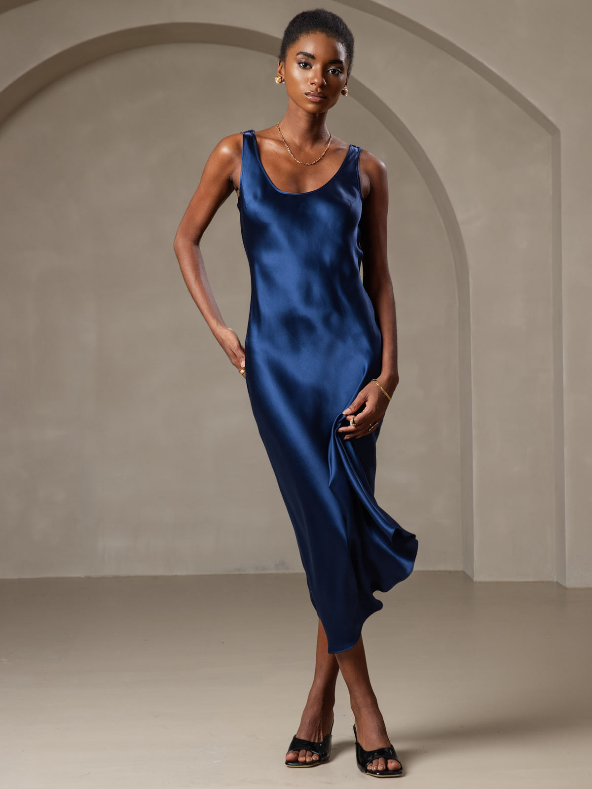 [Dark Blue] SilkSilky-AU Pure Silk Boat Neck Dress 005
