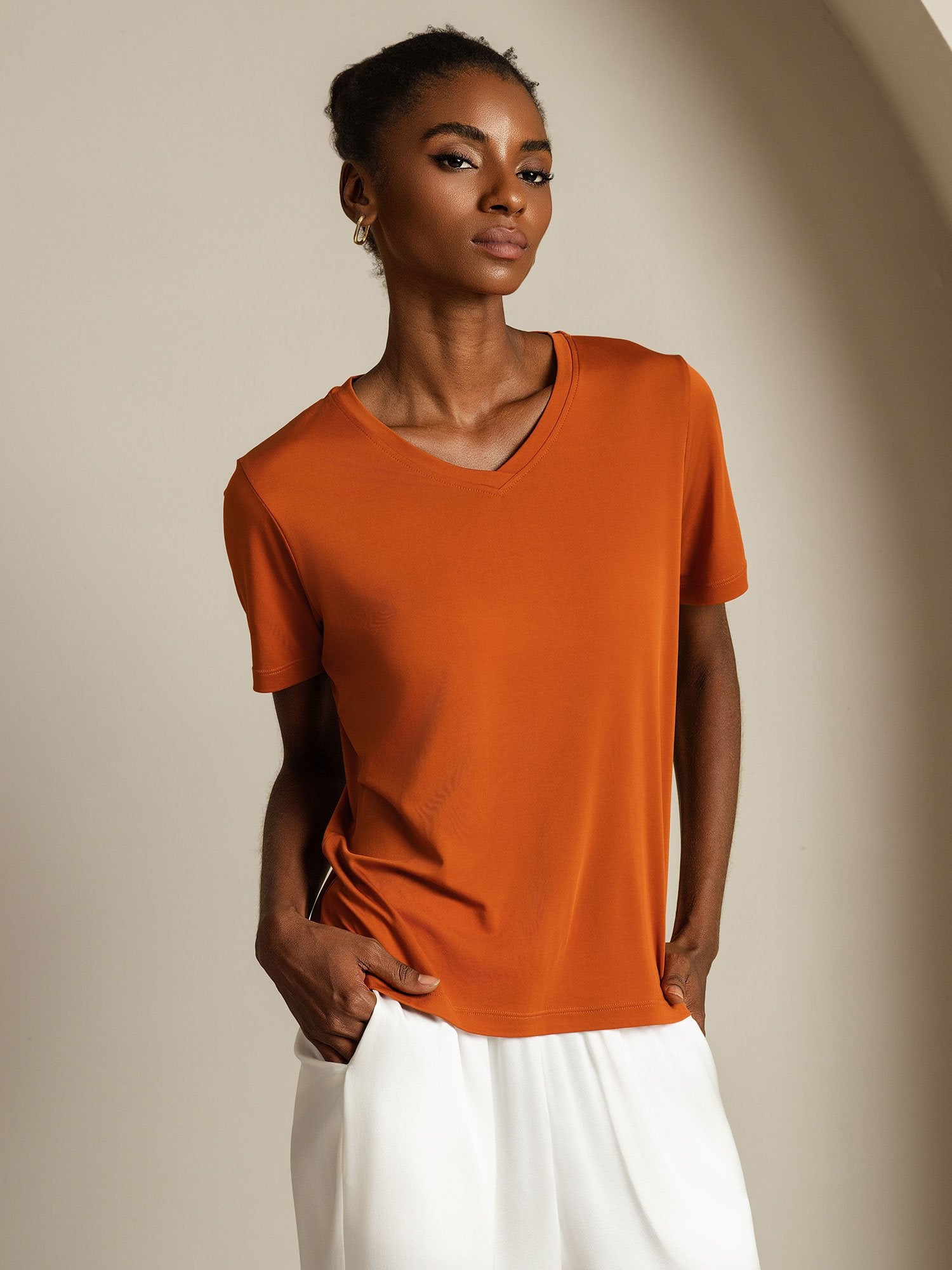 [Orange] SilkSilky-AU Pure Silk V Neck Women's T-Shirt 006