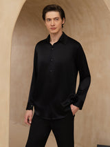 [Black] SilkSilky-AU 19Momme Stretch Silk Charmeuse Long Sleeve Lapel Collar Men's Shirt 001
