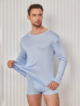 [Light Blue] SilkSilky-AU 100% Silk Jersey Long Sleeve Round Neck Men's T-Shirt 004