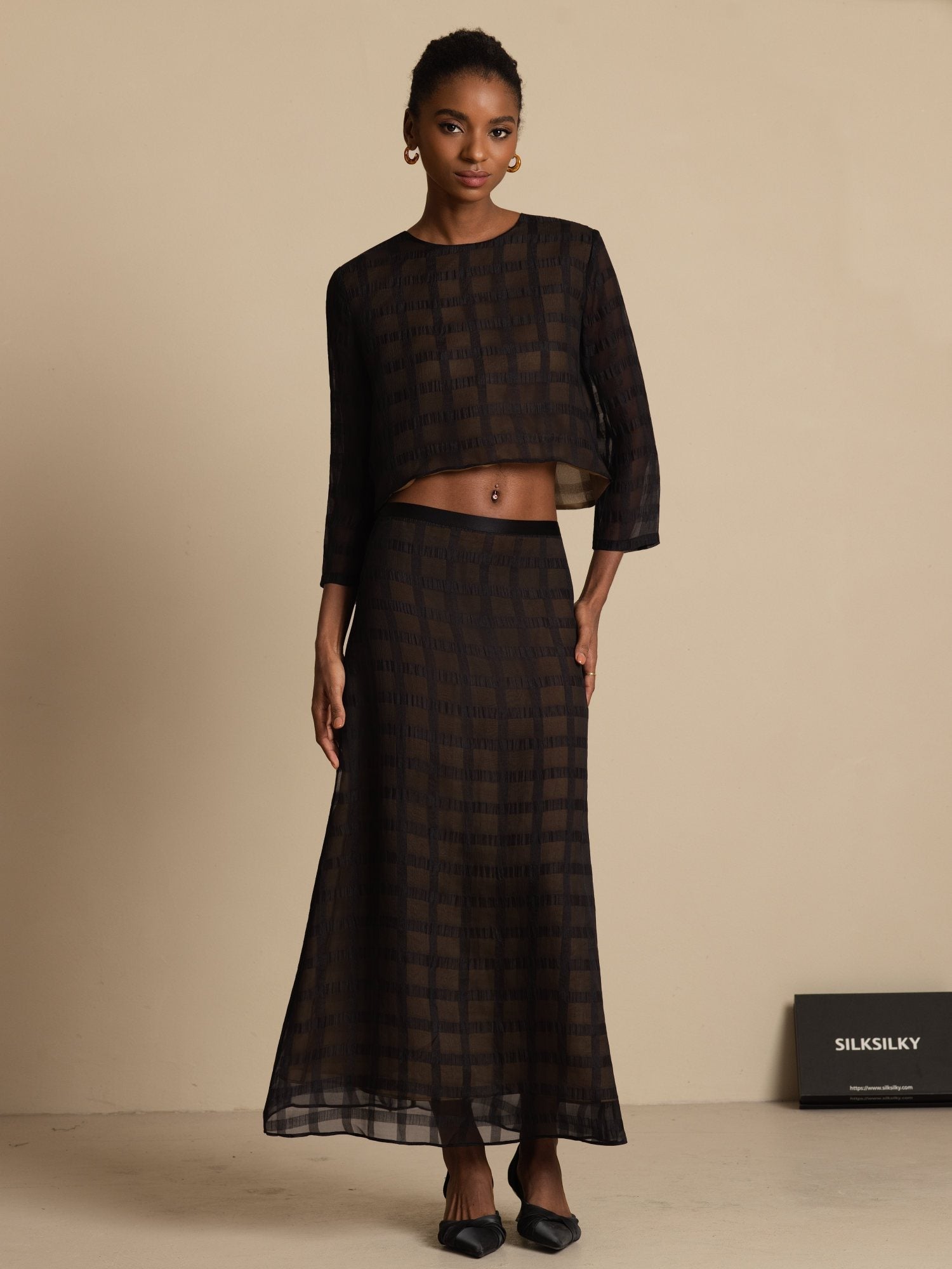 [Black] SilkSilky-AU Pure Silk Long Sleeve Round Neck Women''s Outfit Sets 001