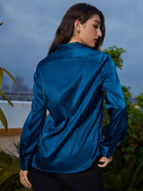[Teal] SilkSilky-AU Long Sleeve Lapel Collar Women's Shirt 002