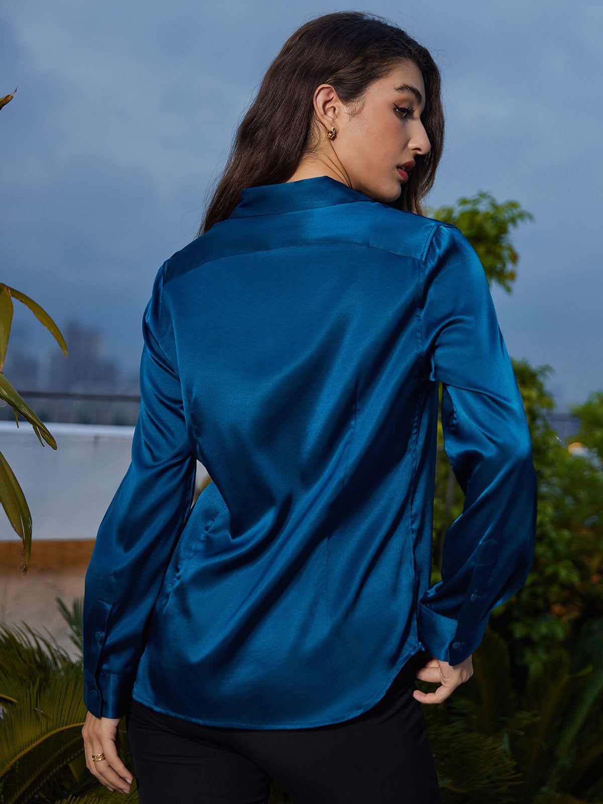 [Teal] SilkSilky-AU 19Momme Stretch Silk Charmeuse Long Sleeve Lapel Collar Women's Shirt 002