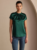 [Dark Green] SilkSilky-AU Short Sleeve Split Women's Blouse 001