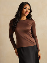 [Coffee] SilkSilky-AU 100% Silk Jersey Long Sleeve Crew Neck Women's T-Shirt 003