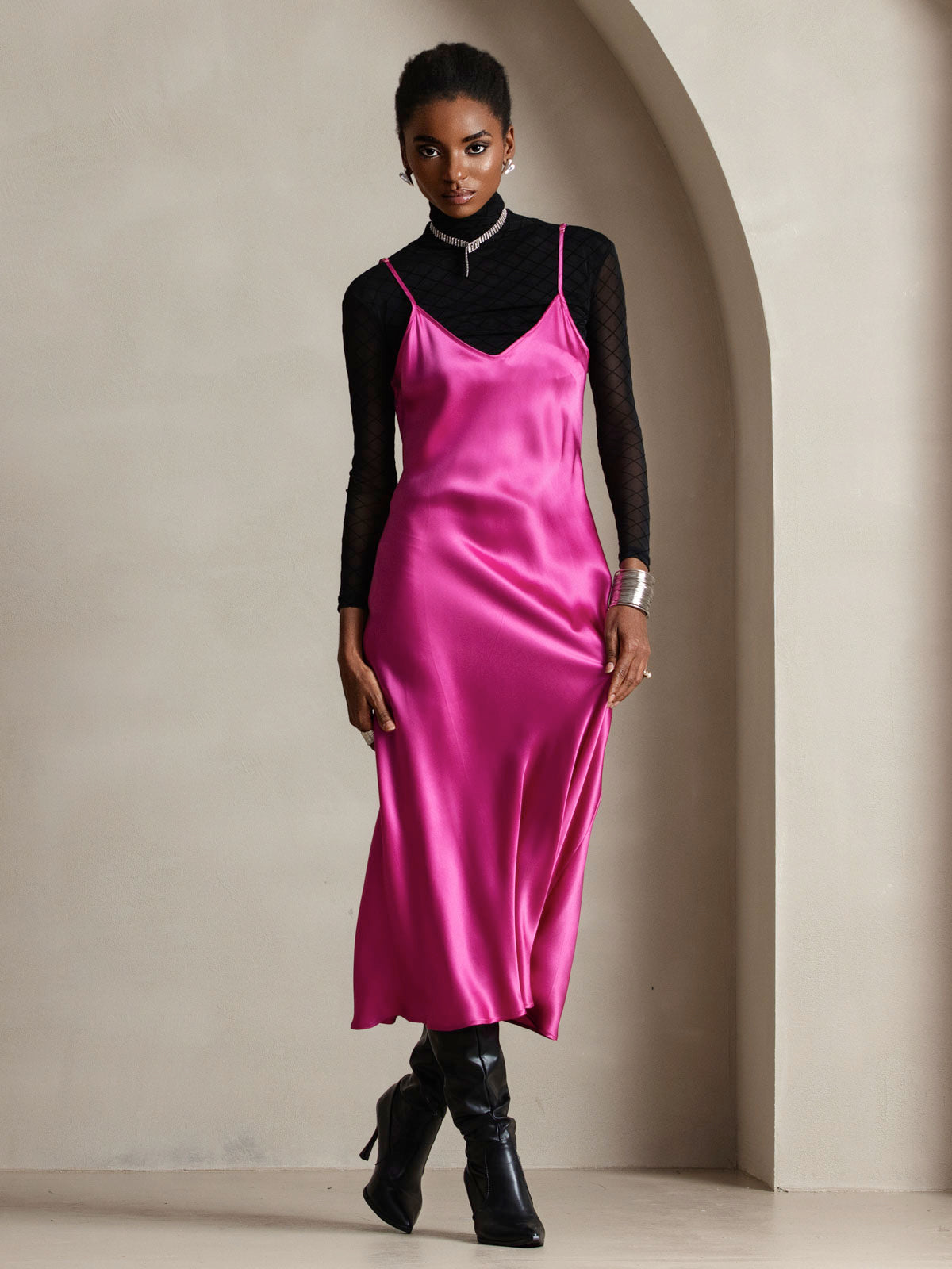 [Rose Red] SilkSilky-AU Spaghetti Strap V Neck Dress 006