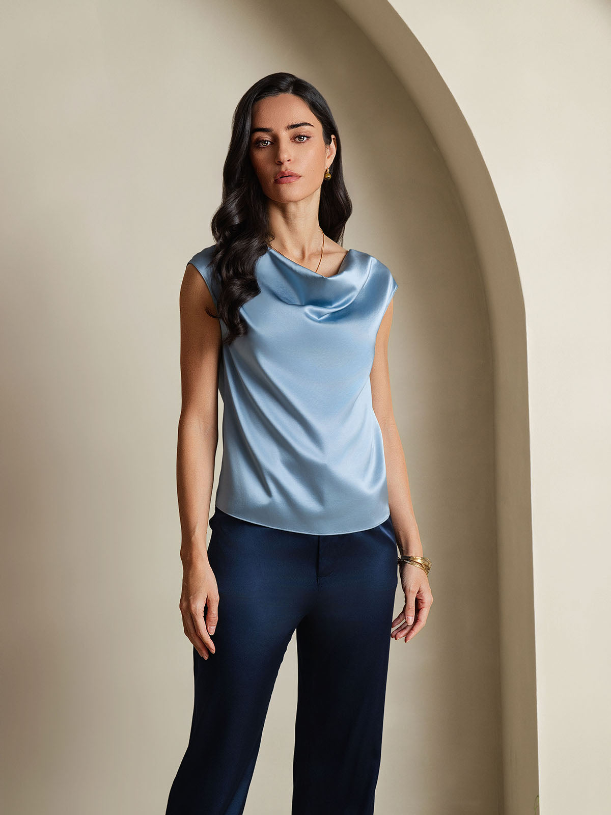 [Grayish Blue] SilkSilky-AU 19Momme Silk Sleeveless Cowl Neck Women's T-Shirt 001